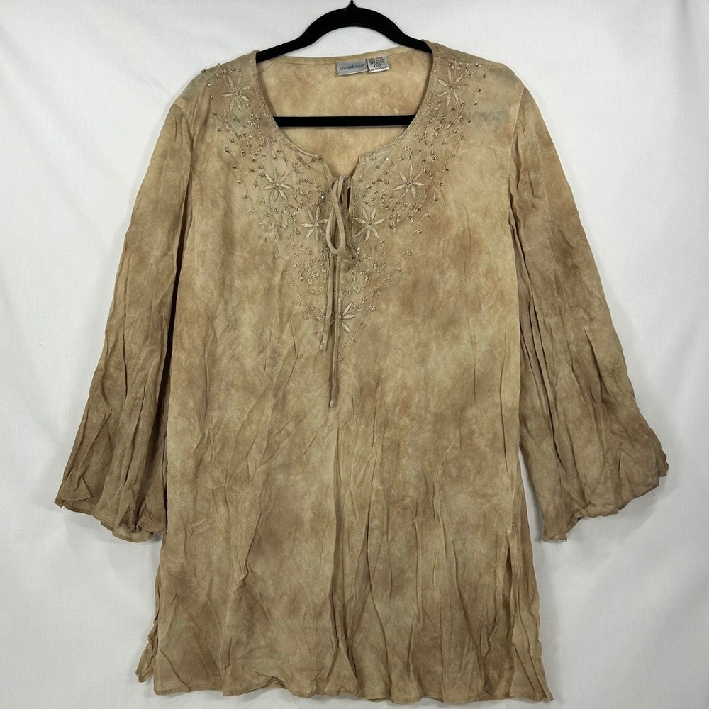 Vintage Newport News Embroidered Tie Dye Tunic – Y2K Boho Bell Sleeve Blouse 14